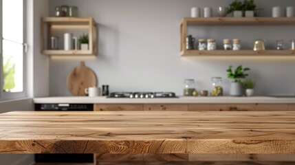 Modern empty wooden tabletop for product display against a kitchen room interior background
