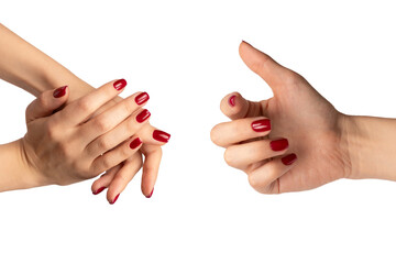 Woman hands with wine red color nails. Red nail polish. Square nail form.