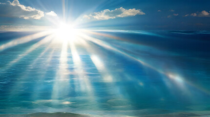 Bright beams of sunlight refracting through the surface of the ocean