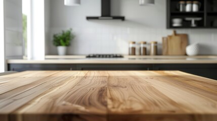 Modern empty wooden tabletop for product display against a kitchen room interior background