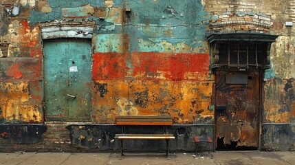 a rusted building with a bench in front of it and a door on the other side of the building.