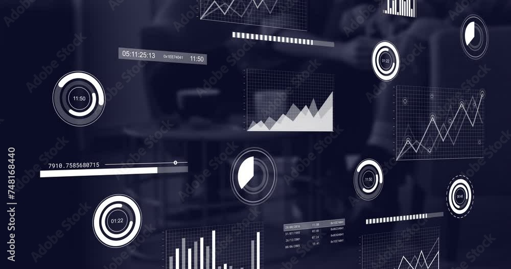 Aufkleber animation of data processing and diagrams over office