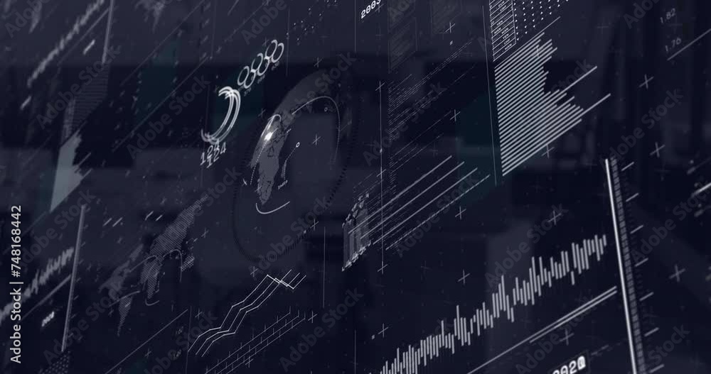 Poster Animation of data processing and diagrams over globe and office