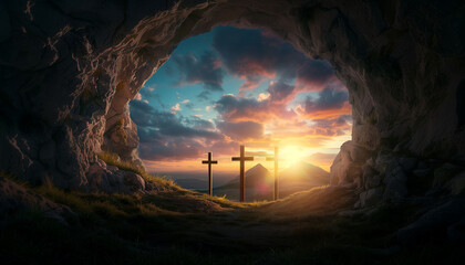 Easter Sunday of Resurrection. Empty tomb of Jesus with the three crosses of Calvary in the distance at sunset	
