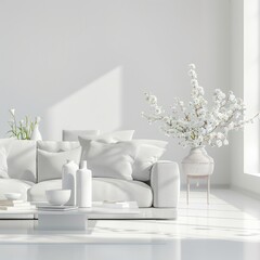A wide panorama suitable for background use, depicting a modern white living room with a sofa and furniture against a blurred bright background, embellished with decorative flowers in vases.