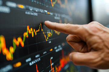 The hand of a businessman or investor or trader pointing at a computer screen, screen with stock market chart analysis or research information for trading and investing - obrazy, fototapety, plakaty