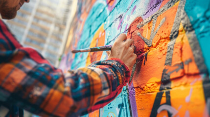 A close-up of a talented graffiti artist creating a large and colorful mural on a city wall....