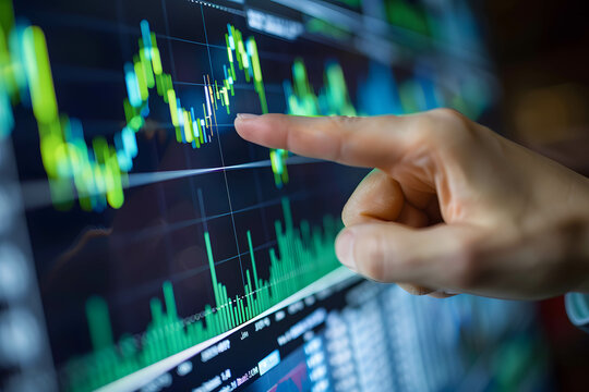 The hand of a businessman or investor or trader pointing at a computer screen, screen with stock market chart analysis or research information for trading and investing
