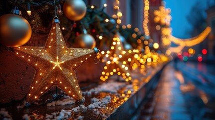 a close up of a star on a ledge with christmas lights in the background and a christmas tree in the foreground.