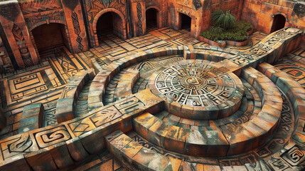 Aztec-inspired labyrinth, detailed glyphs and symbols adorning complex pathways.