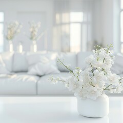 A modern white living room featuring a sofa and furniture set against a softly blurred bright backdrop, enhanced with decorative flowers in vases. Wide panorama suitable for background purposes.