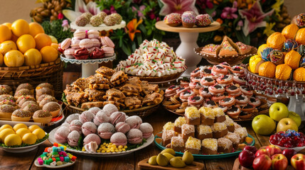 Fototapeta na wymiar A table overflowing with varieties of traditional Brazilian sweets and treats such as brigadeiros and beijinhos a musthave for any Carnival party.