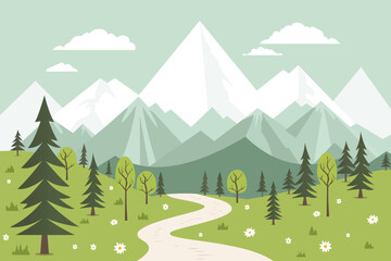 Fototapeta premium Cartoon landscape of a green valley with a path and trees, grass and flowers against the backdrop of mountains with snow-capped peaks. Vector illustration of nature.
