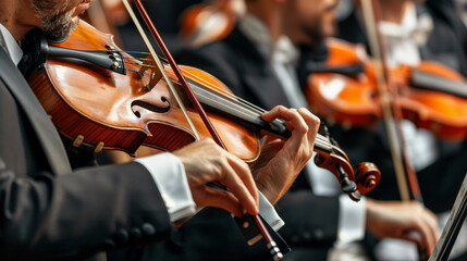 A close-up of a talented violinist playing a soulful melody during a classical concert realistic stock photography