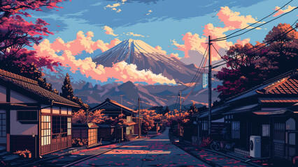 Pixelated Tranquility: Lo-Fi Landscape in 8-Bit Japanese Anime Style