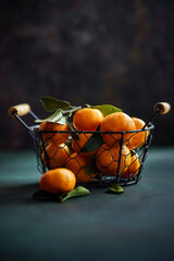 Tangerines in basket on dark
