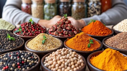 Fototapeta premium a person standing in front of a table filled with lots of different types of spices and seasonings in bowls.