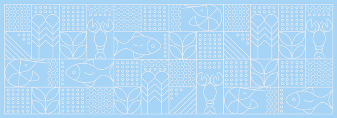 Web banner. Line geometric mosaic seamless pattern illustration. Fish and seafood geometric pattern. Natural food background creative simple, agriculture vector design. Healthy Food pattern