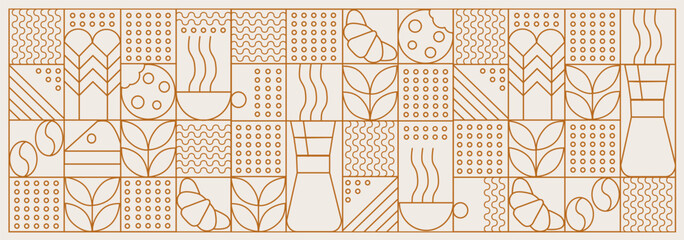 Hand drawn illustration of Bakery and Coffee. Icons. Abstract geometric line background. Gold luxury. Pattern for cover design, food package, menu, background, café wall, coffee shop, web banner