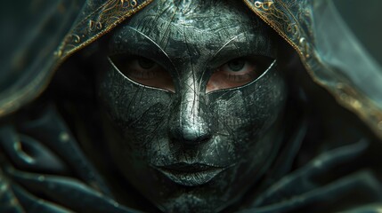 a close up of a person's face with a hood on and a hood over their head with a mask on.