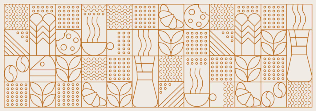 Hand drawn illustration of Bakery and Coffee. Icons. Abstract geometric line background. Gold luxury. Pattern for cover design, food package, menu, background, café wall, coffee shop, web banner - Powered by Adobe