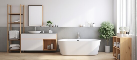 Fototapeta na wymiar In a stylish corner of a bathroom with grey and white walls and wooden floors, a white bath tub is positioned next to a white sink. The double sink features mirrors on a gray countertop.
