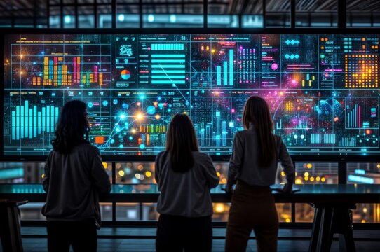 Back view of businesswomen looking at virtual panel with graphs and diagrams - Powered by Adobe