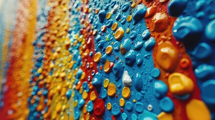 a close up of a colorful painting with lots of water droplets on the paint and the colors are blue, yellow, red, orange, and green.