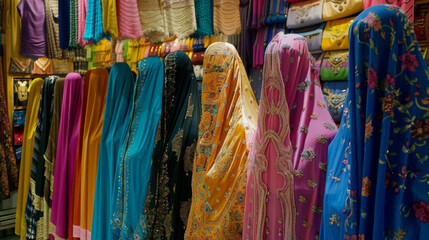The vibrant colors and intricate designs of traditional clothing such as abayas for women and thobes for men catch the eye of shoppers.