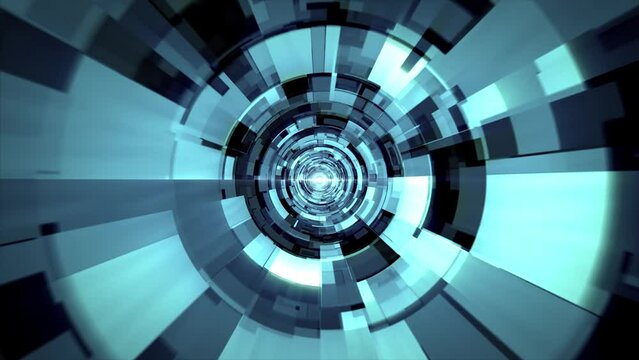 Flying in blue tunnel with smoothly morphing digital glitch elements and bright light effect. Abstract background for fiber connections, big data stream, internet, space and science fiction. 4k 60 fps