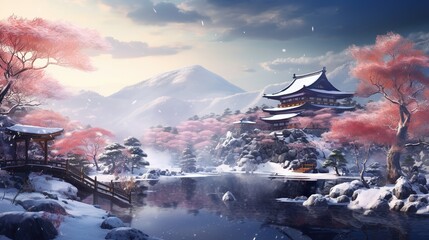 peaceful nature landscape japan winter and snow ai genertaed 4k pro image - obrazy, fototapety, plakaty