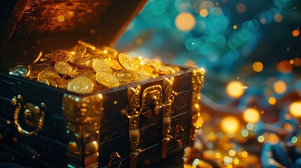 An open treasure chest overflowing with gold coins, illuminated by bokeh light