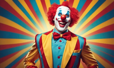Portrait of funny face clown man in colorful uniform standing in front of festive background. Happy expression man bozo in various pose with circus lights behind his back. AI
