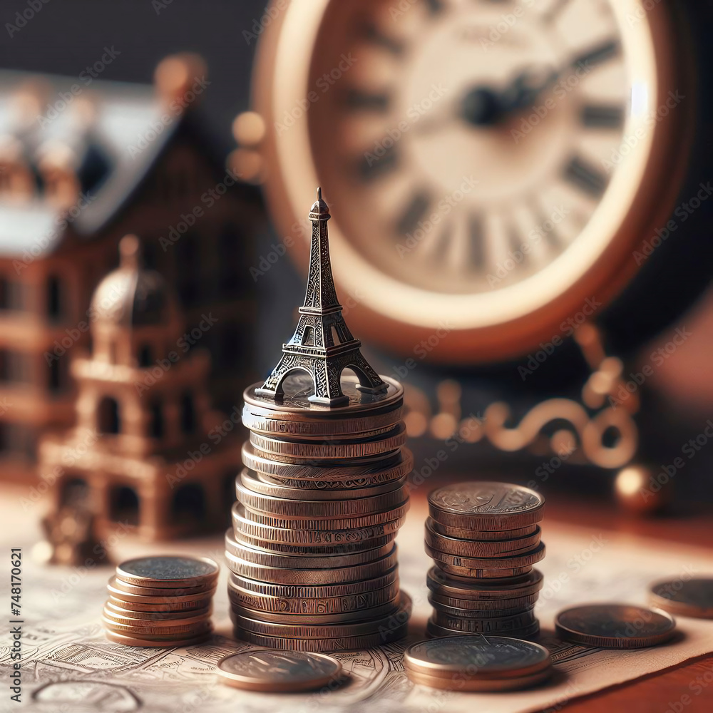 Poster model of the eiffel tower and coins on the background of the clock.