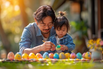Father and child engrossed in decorating Easter eggs outdoors, sunlight enhancing the serene creative endeavor. Outdoor bonding over Easter egg artistry, father and young daughter concentrate