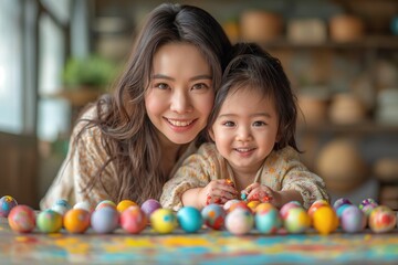 Fototapeta na wymiar Bright-eyed mother and daughter beam with delight amongst a vibrant array of Easter eggs, epitomizing spring cheer. Delightful mother-child duo enjoys a colorful Easter celebration, with painted eggs