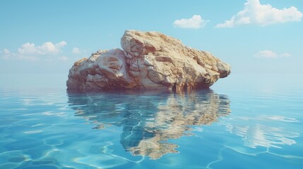 a rock in the middle of a body of water with a reflection of the sky and clouds in the water.