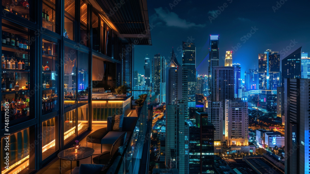 Poster from the rooftop bar the city lights create a patchwork of colors and shapes highlighting the unique