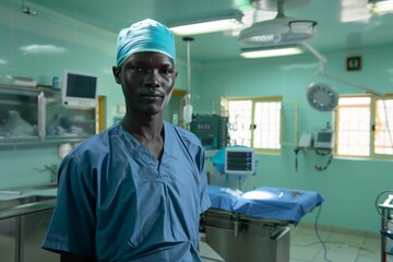 Skilled African American surgeon stands poised in an operating room, medical equipment ready for a procedure. Focused medical specialist in surgery attire awaits in an OR, surrounded