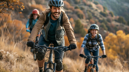 A diverse group of friends enjoying a scenic and challenging mountain biking expedition realistic stock photography