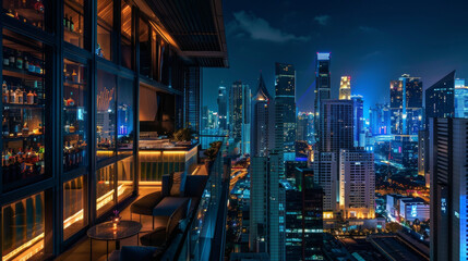 From the rooftop bar the city lights create a patchwork of colors and shapes highlighting the unique architectural styles of each building. Its a visual feast for the senses.