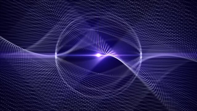 Seamless loop animation of flowing abstract particle fields and rotating sphere shape on a dark background with shine and glow effects. 3D screensaver with energy force waves. Looped video, 4k, 60 fps