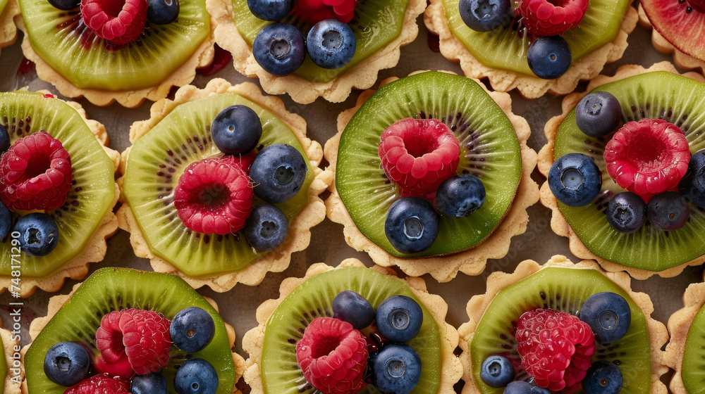 Poster a tray of bitesized fruit tarts each one topped with a perfectly p kiwi slice raspberry or blueberry