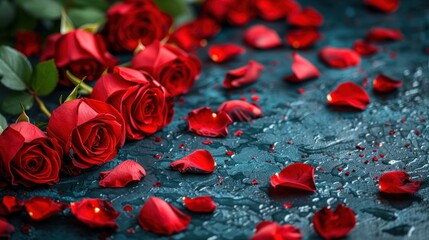 a bunch of red roses laying on top of a blue surface with drops of water on the petals and petals.