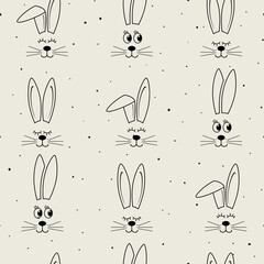 Rabbit's muzzles in black on a gray background. Rabbit's muzzles with open and closed eyes in cartoon style. Children's background for textiles or other. Wrapping paper. Vector seamless pattern.