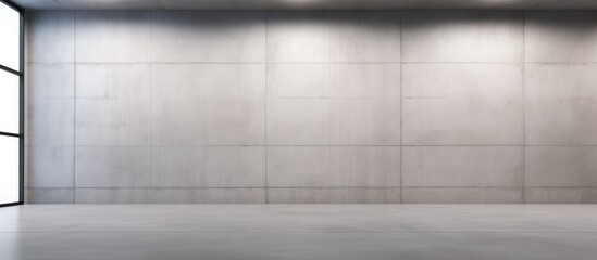 Obraz premium This image showcases an empty room with a clean concrete floor and large windows, creating a minimalist yet spacious atmosphere. The walls feature a mock-up space,