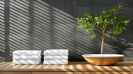 a wooden table topped with a bowl and two white towels next to a potted plant on top of a wooden table.