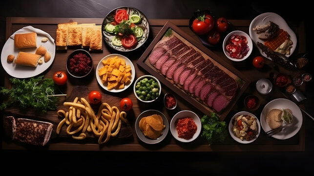 Assorted food set on table Pasta with seafood steak 