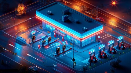 an isometric 3D Smart Gas Station building with a focus on innovative fueling solutions and smart technologies. with a dynamic architectural design . with  IoT-connected fuel pumps .

