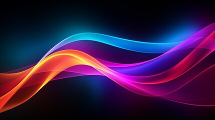 Colored glowing waves abstract background. Bright smooth waves on a dark background. Decorative horizontal banner. Digital artwork raster bitmap illustration. AI artwork.
